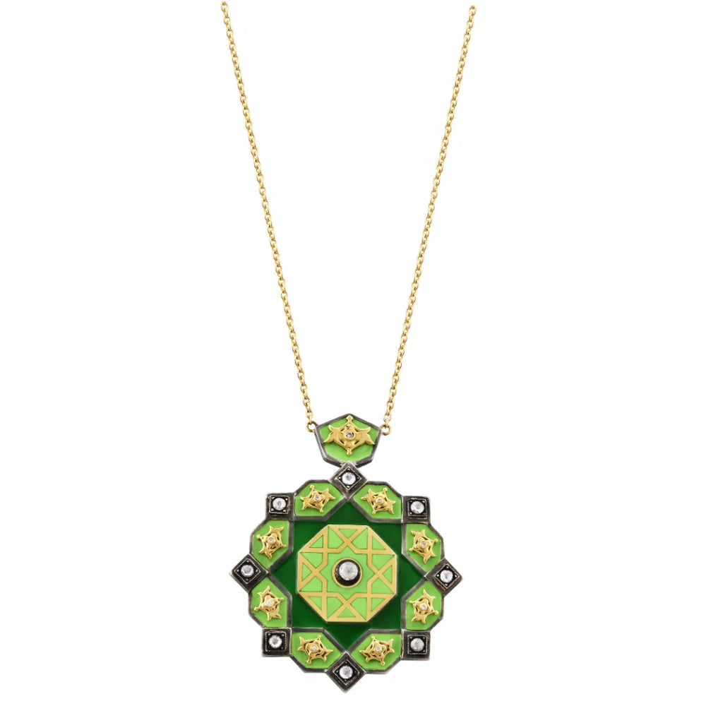 18K Gold Diamond Green Seljuk Star Necklace