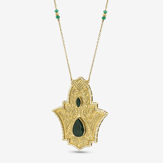 18K Gold Diamond Shahmeran Emerald Necklace