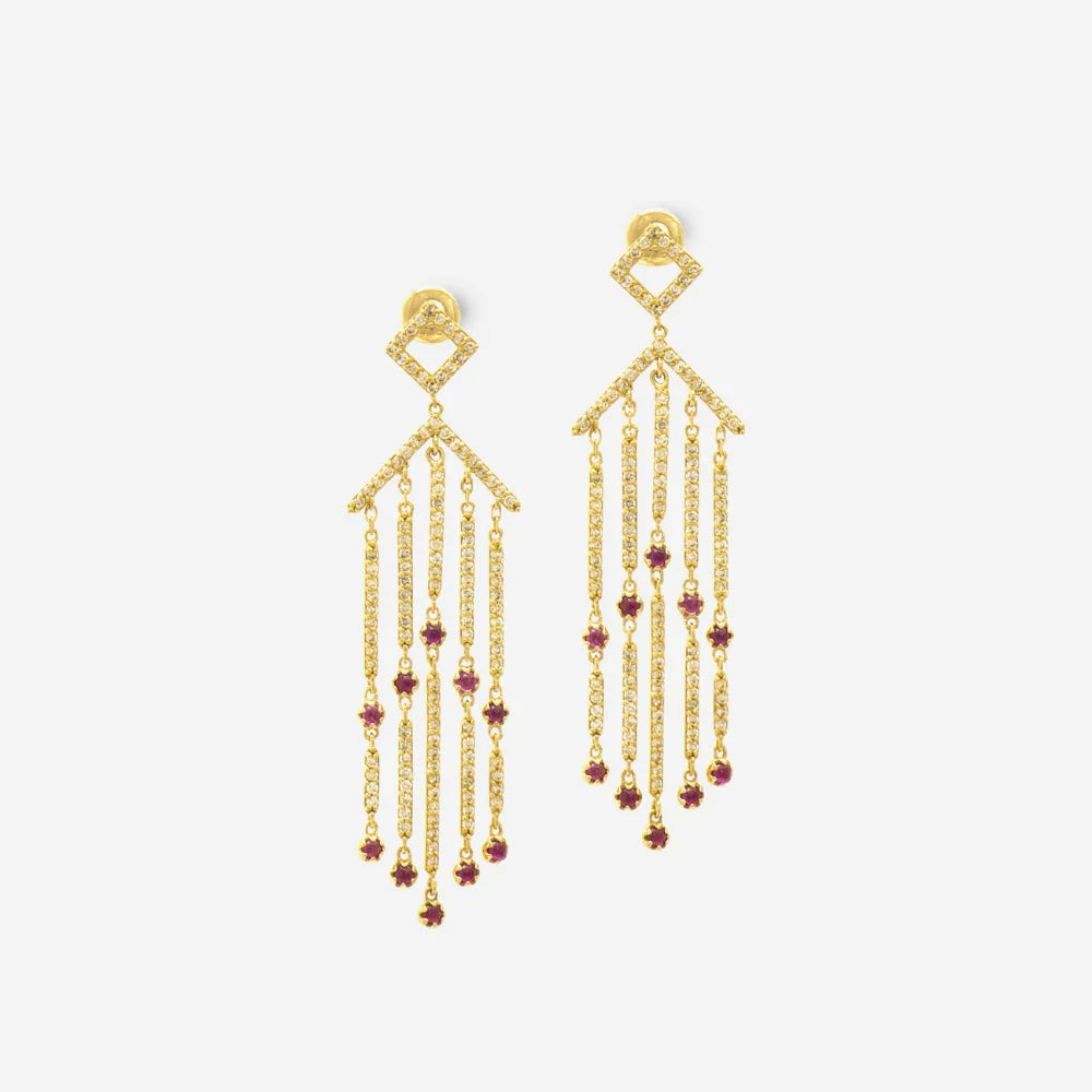 18K Gold Diamond Ruby Tassel Earrings