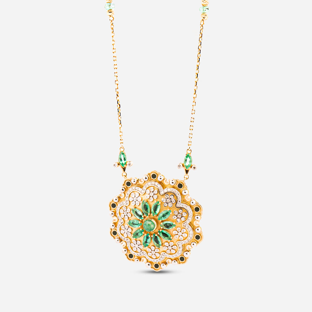 18K Gold Necklace with Plenty of Diamonds and Emeralds