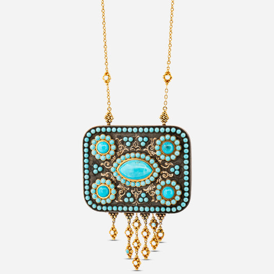 18K Gold Turquoise Box Necklace with Diamonds
