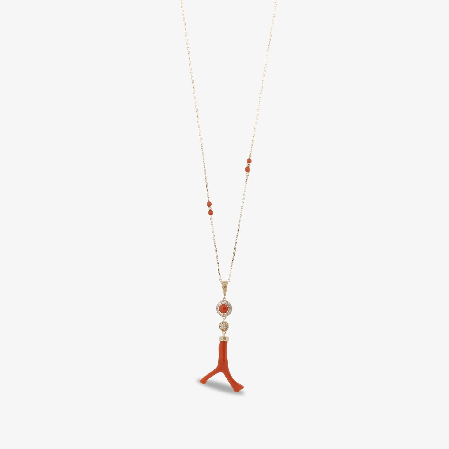 18K Gold Diamond Coral Pendant Necklace