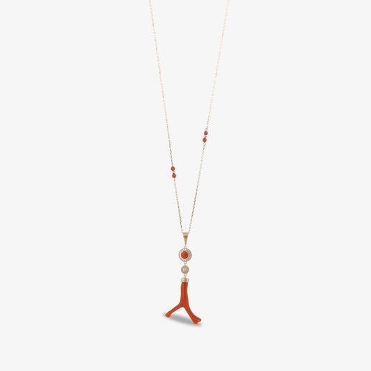 18K Gold Diamond Coral Pendant Necklace