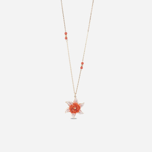 18K Gold Diamond Red Rose Necklace