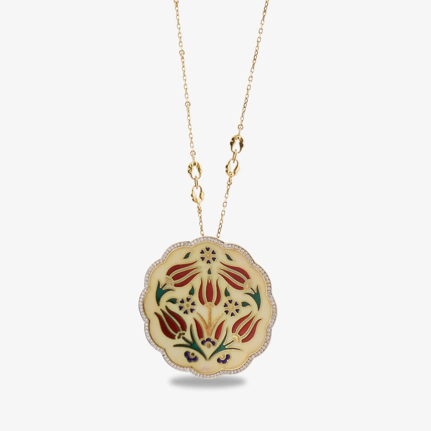 18K Gold Diamond-Studded Enameled Tulip Ceramic Necklace